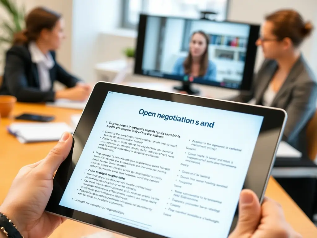 An image displaying a collection of negotiation scripts and templates on a tablet, with a mentor guiding a student through a negotiation scenario via video call.