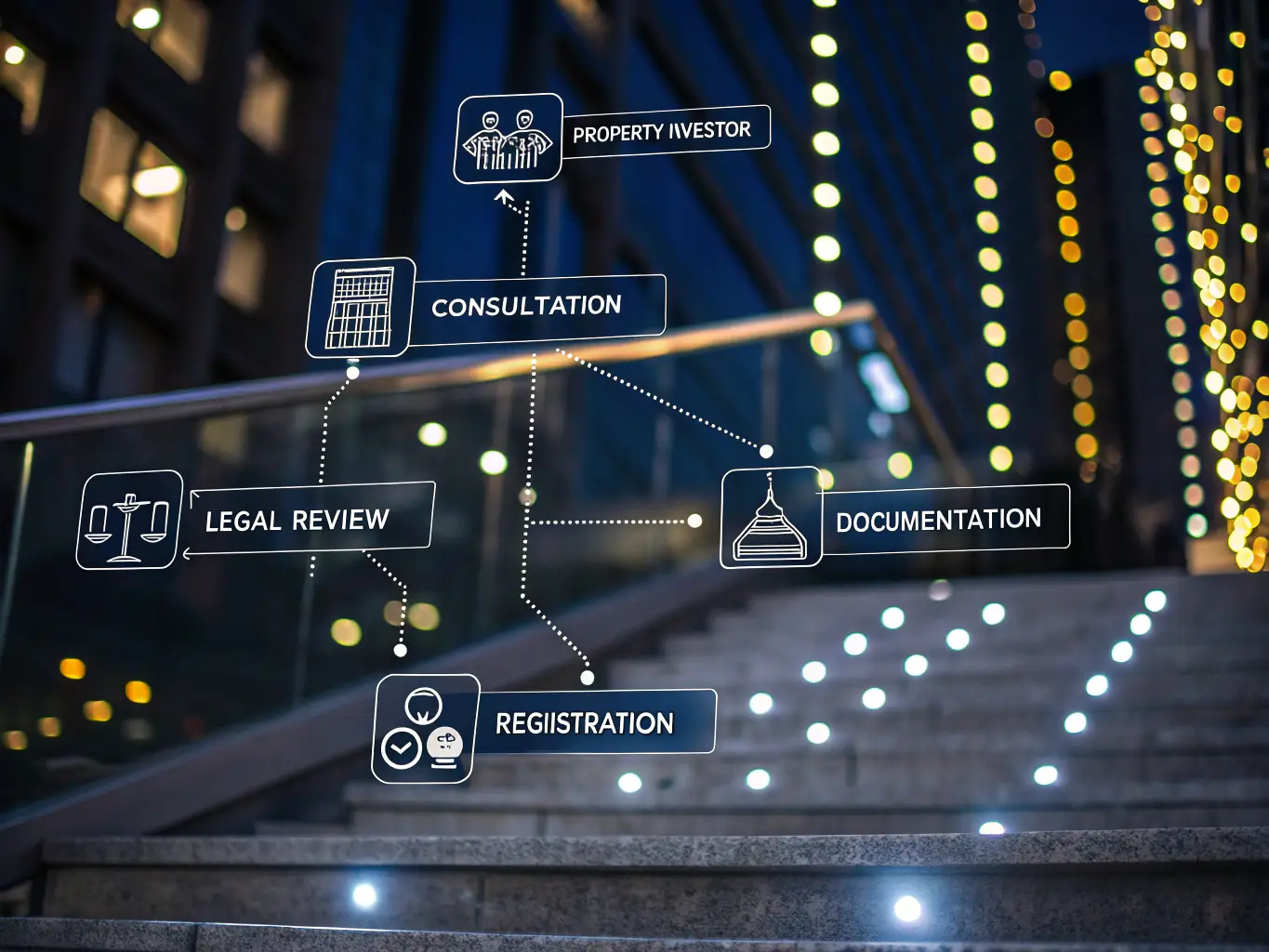 A flowchart illustrating the step-by-step process of the FlipHouse University's replicable system, showing how to identify, analyze, and close real estate deals efficiently.