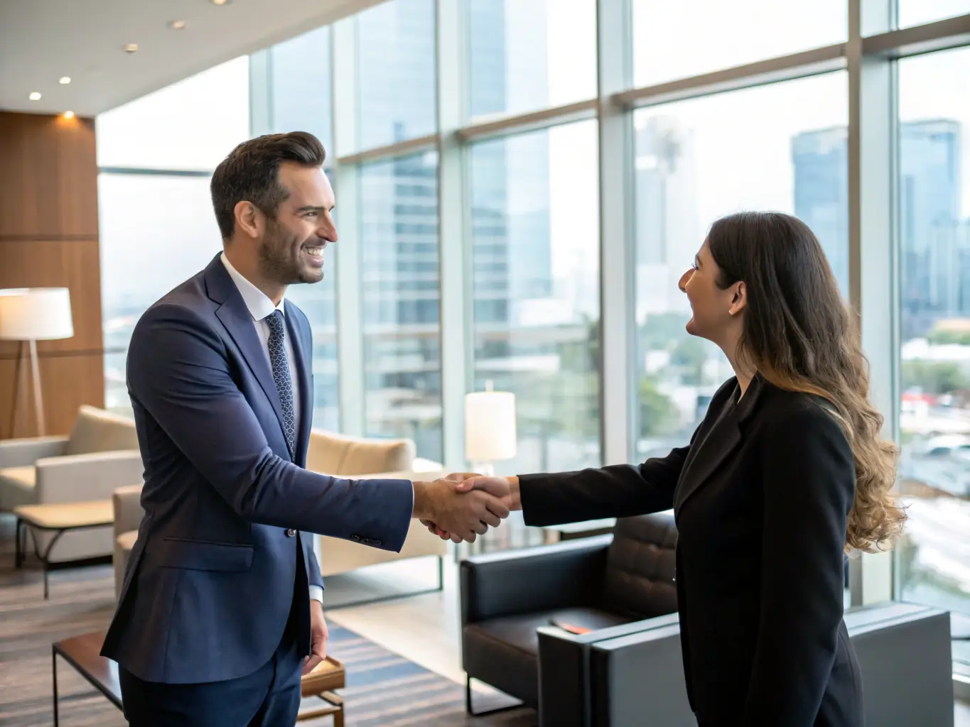 A student successfully closing a real estate deal, shaking hands with a satisfied seller, symbolizing the successful completion of a transaction facilitated by FlipHouse University's mentorship program.