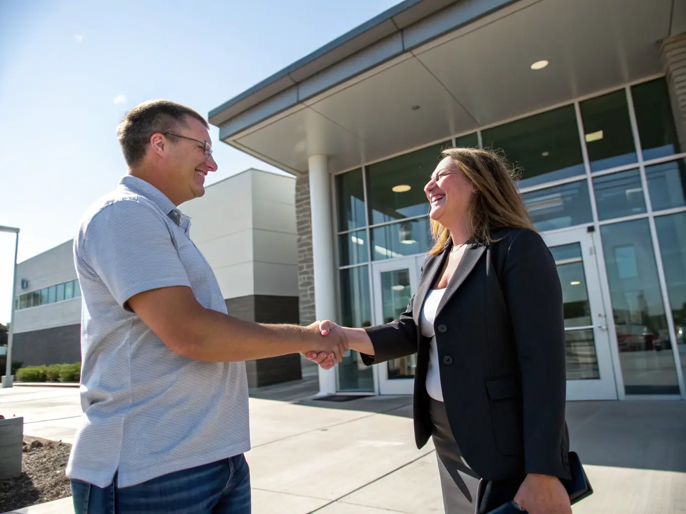 An image depicting a student successfully closing a real estate deal, shaking hands with a client in front of a newly acquired property, symbolizing the achievement of closing their first deal through FlipHouse University.