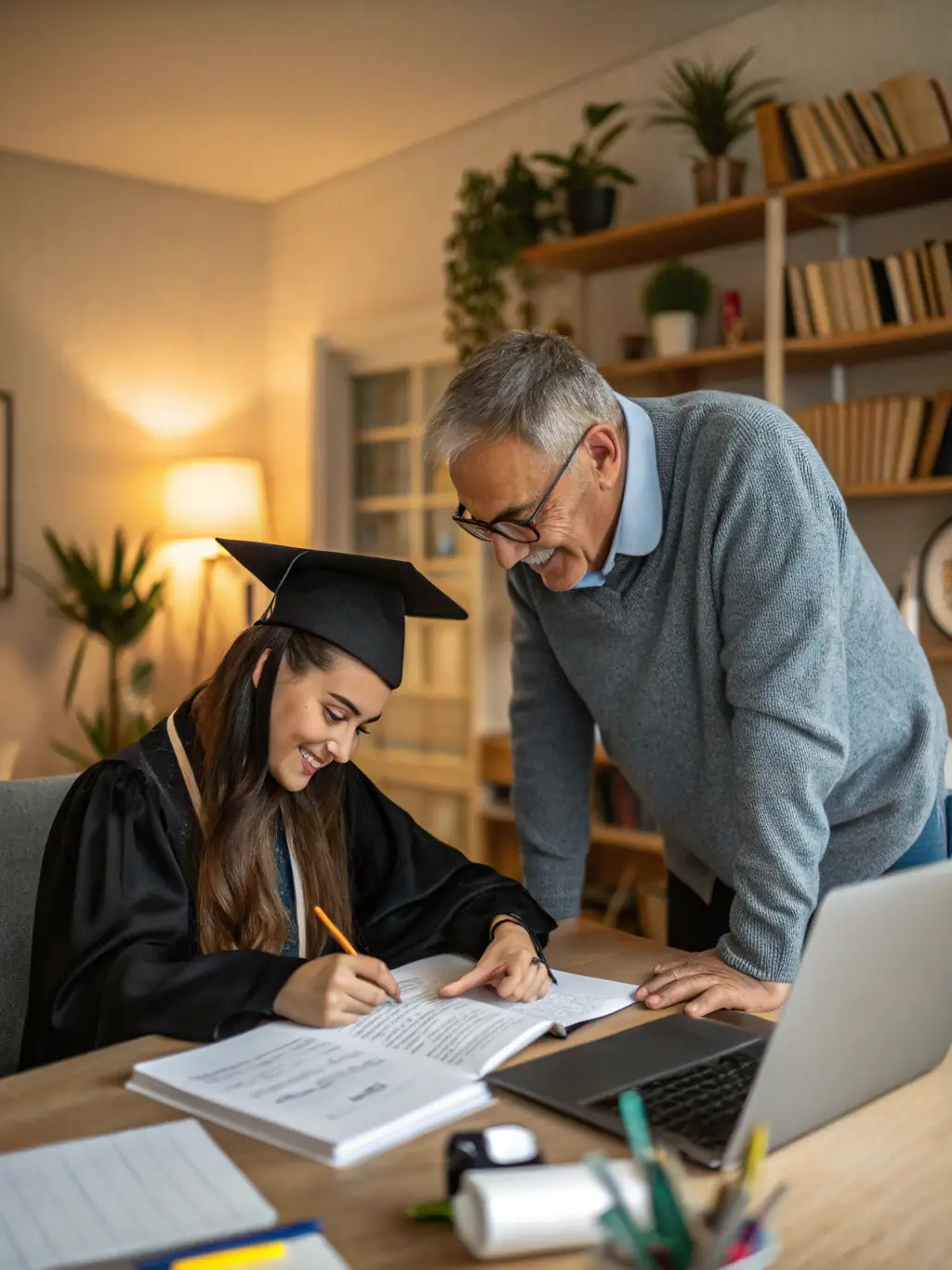 A photo of a mentor guiding a student through real estate investment strategies, with blueprints and financial charts visible in the background, symbolizing personalized tutoring.