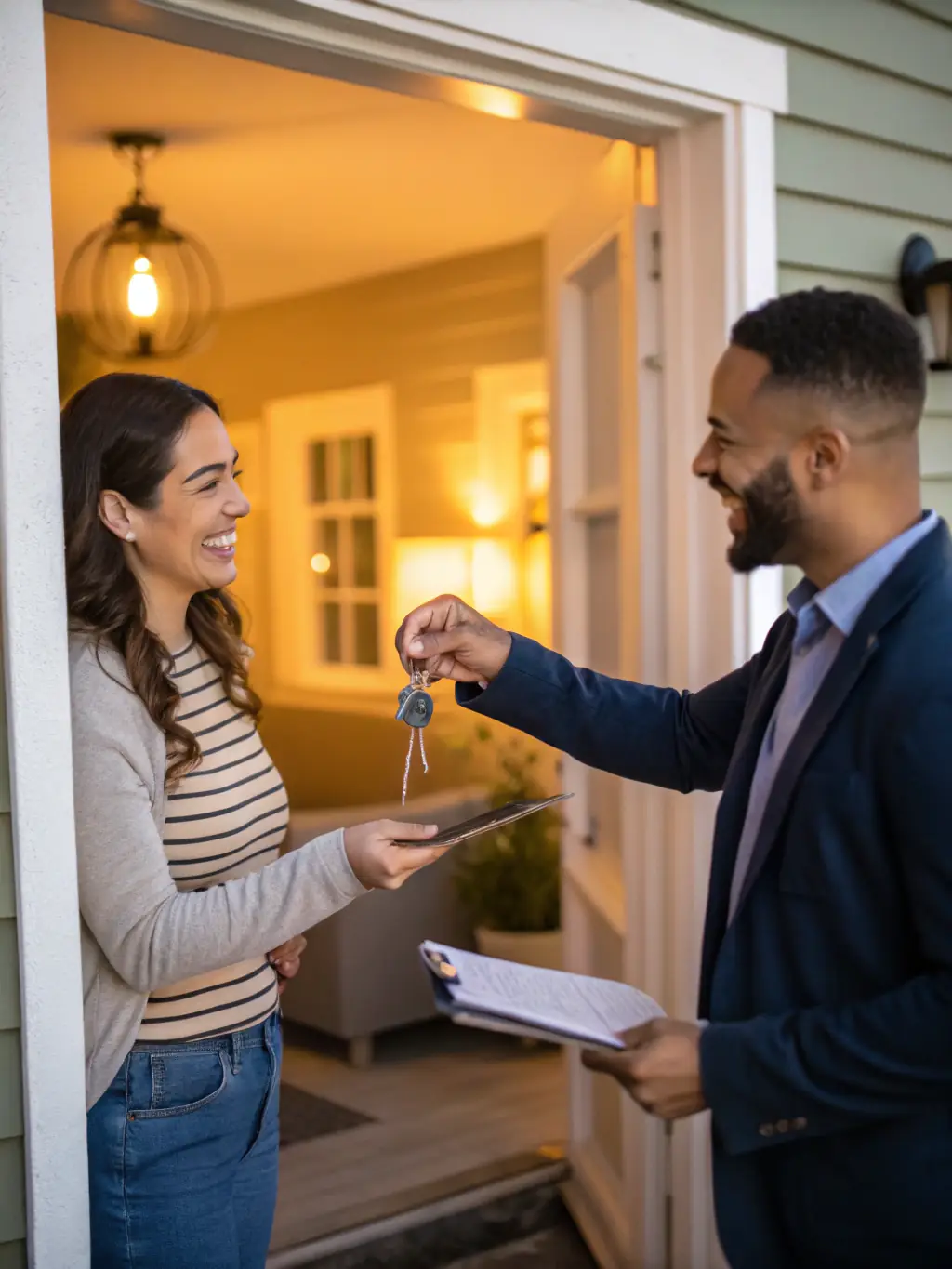 A student successfully closing a real estate deal, celebrating with a handshake and keys, symbolizing the high returns achievable through the mentorship program.