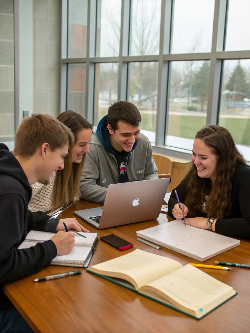 A diverse group of students collaborating and learning together in a modern classroom setting, highlighting the supportive community within the mentorship program.